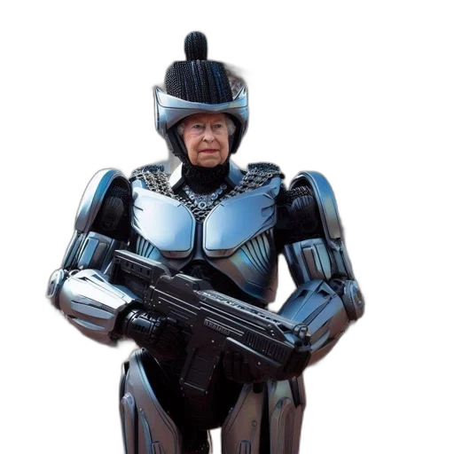 robot, weapon, concept art, 3d render, cyberpunk, elderly, woman, donning transparent PNG cut-out