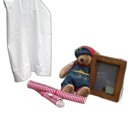 furniture, staff, teddy, bear, dressed, blue, overalls, sits transparent PNG cut-out