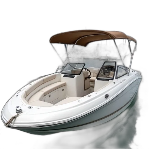 photorealistic, 3d render, white, speedboat, brown, canopy, docked, marina transparent PNG cut-out