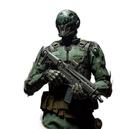 robot, weapon, mask, face, concept art, 3d render, comic book art, cyberpunk transparent PNG cut-out