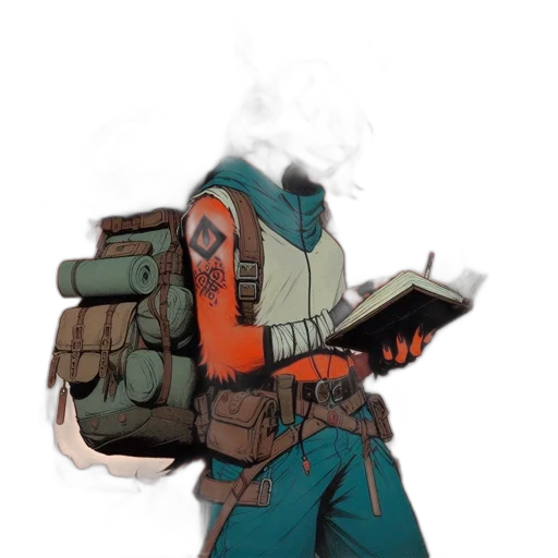 jacket, weapon, robot, staff, concept art, cyberpunk, fantasy art, comic book art transparent PNG cut-out
