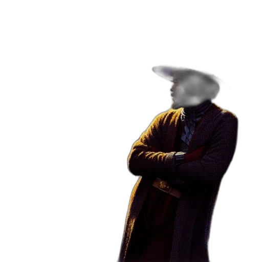 hat, jacket, staff, robot, photorealistic, concept art, 3d render, oil painting transparent PNG cut-out