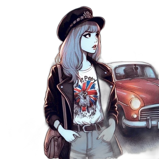 jacket, hat, car, comic book art, cartoon, concept art, watercolor, neon lights transparent PNG cut-out