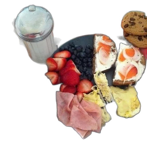 food, pastel, breakfast, plate, ham, eggs, toast, berries transparent PNG cut-out
