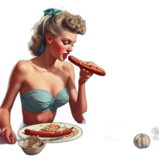 food, dress, concept art, photorealistic, 3d render, comic book art, 1950s-era, woman transparent PNG cut-out