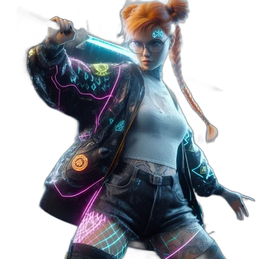 jacket, staff, weapon, dress, cyberpunk, concept art, 3d render, vaporwave transparent PNG cut-out
