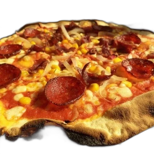 food, 3d render, photorealistic, delicious-looking, pizza, pepperoni, corn, cheese transparent PNG cut-out