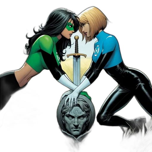 sword, comic book art, concept art, two, superheroines, one, green, other transparent PNG cut-out