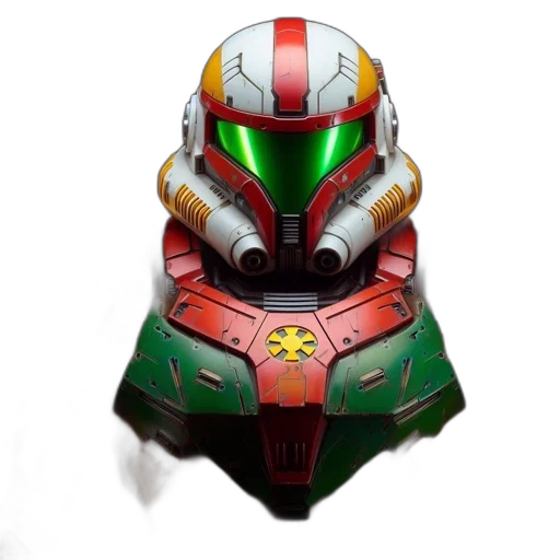 robot, mask, weapon, face, concept art, 3d render, pixel art, photorealistic transparent PNG cut-out