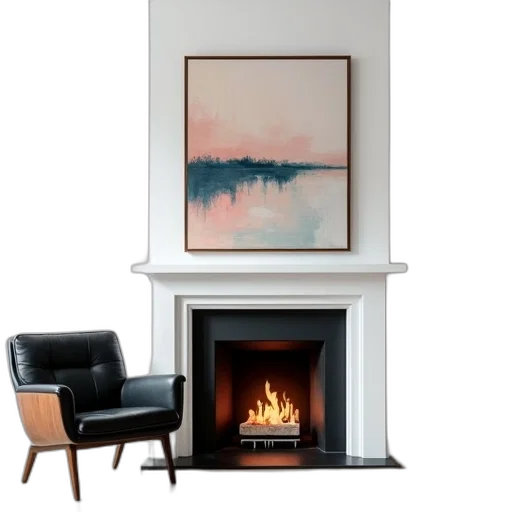 furniture, photorealistic, fire, dark, modern, living, room, white transparent PNG cut-out