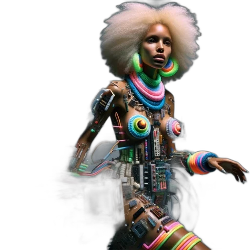 jewelry, robot, hair, staff, concept art, cyberpunk, fantasy art, 3d render transparent PNG cut-out