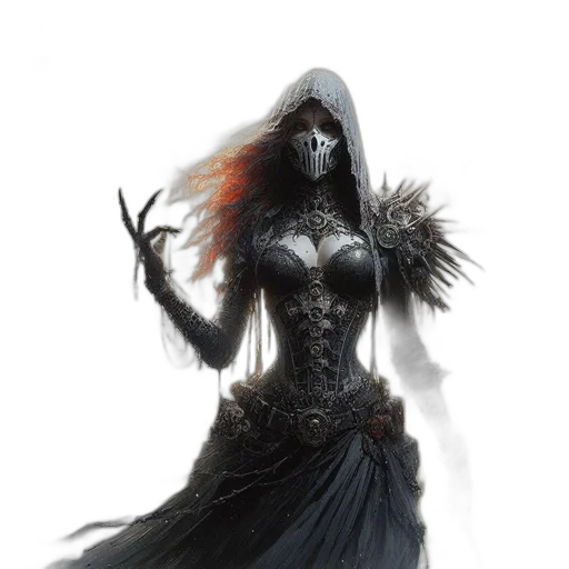 dress, mask, fantasy art, concept art, comic book art, photorealistic, dark, monochrome transparent PNG cut-out