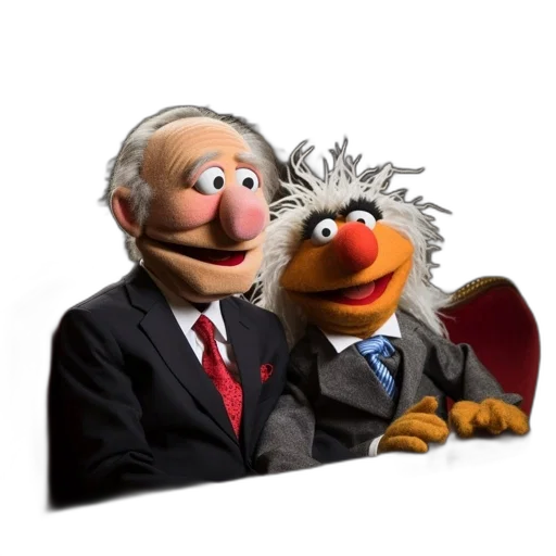 staff, concept art, 3d render, two, muppet, characters, show, sit transparent PNG cut-out