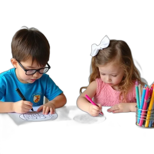 two, children, sitting, table, white, surface, drawing, paper transparent PNG cut-out