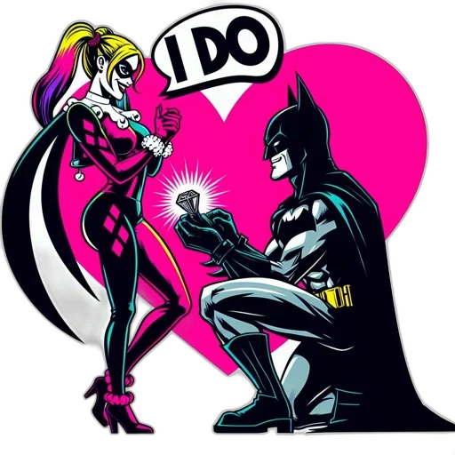 comic book art, cartoon, concept art, neon lights, harley, quinn, batman, propose transparent PNG cut-out