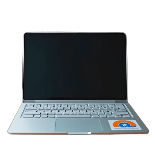 3d render, silver, laptop, open, wooden, desk, blue, orange transparent PNG cut-out
