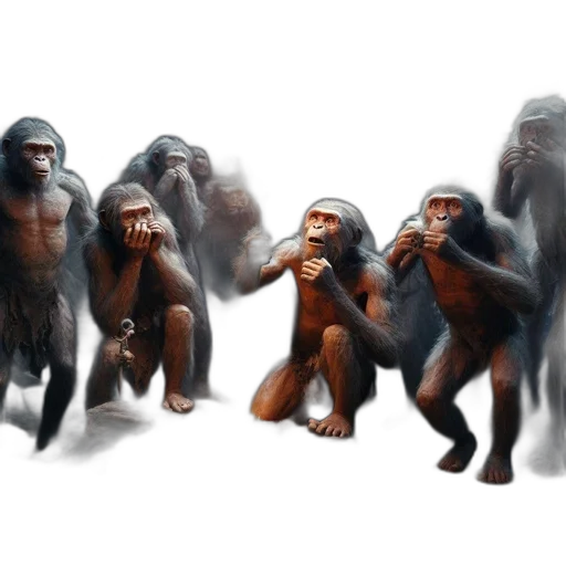 animal, concept art, 3d render, photorealistic, group, primates, resembling, chimpanzees transparent PNG cut-out