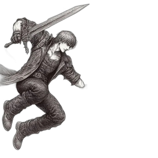 sword, weapon, jacket, concept art, fantasy art, pencil sketch, comic book art, monochrome transparent PNG cut-out