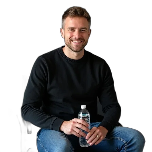 bottle, jacket, staff, animal, man, short, hair, sitting transparent PNG cut-out