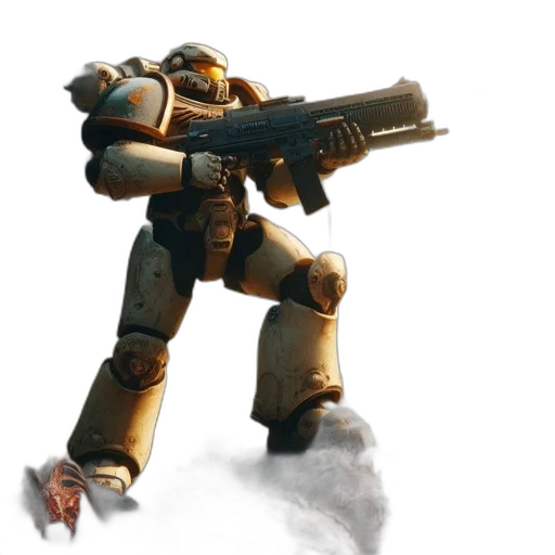 robot, weapon, concept art, 3d render, pixel art, photorealistic, golden, earth tones transparent PNG cut-out