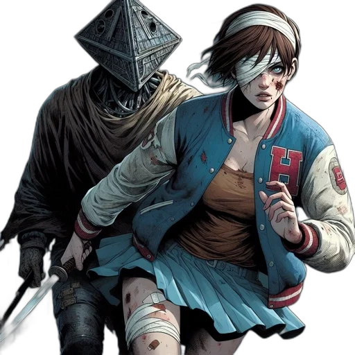 mask, sword, jacket, comic book art, concept art, fantasy art, anime, wounded transparent PNG cut-out