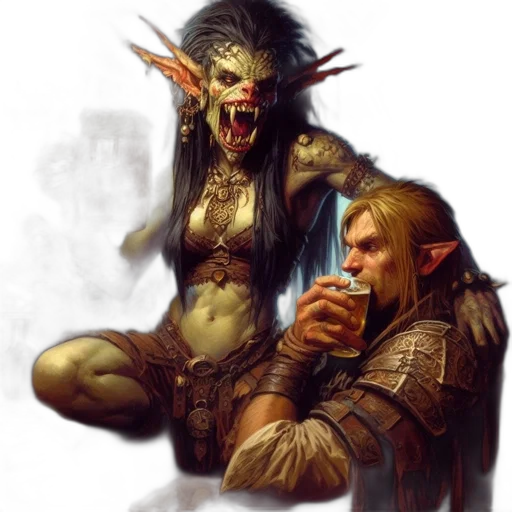 creature, fantasy art, concept art, comic book art, pixel art, fire, inside, tavern transparent PNG cut-out