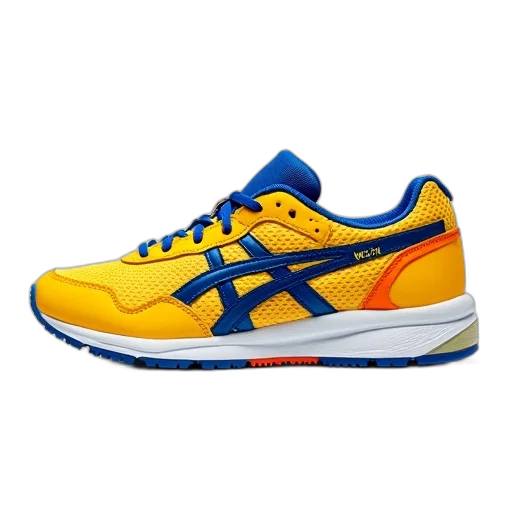 shoes, pair, yellow, blue, sneakers, white, soles, orange transparent PNG cut-out