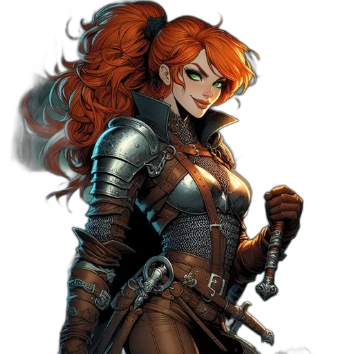 sword, fantasy art, comic book art, concept art, pixel art, armored, woman, fiery transparent PNG cut-out