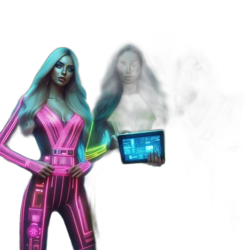 robot, staff, concept art, cyberpunk, comic book art, vaporwave, neon lights, outer space transparent PNG cut-out
