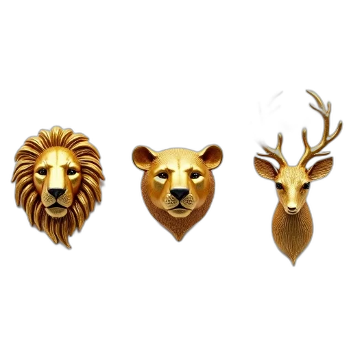 jewelry, crown, 3d render, collection, three, gold-colored, animal-shaped, brooches transparent PNG cut-out