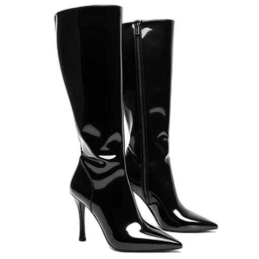 shoes, pair, black, high-heeled, boots, glossy, finish, pointed transparent PNG cut-out