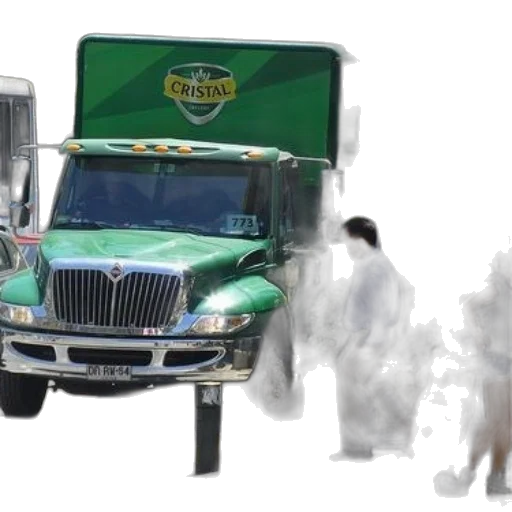 photorealistic, concept art, fog, green, truck, word, cristal, parked transparent PNG cut-out