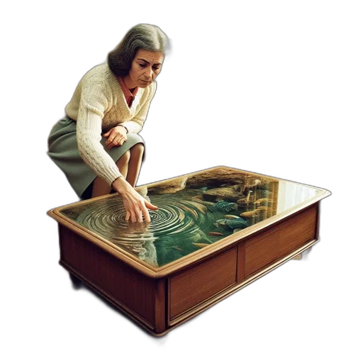 furniture, jewelry, concept art, underwater, elderly, lady, sits, warmly transparent PNG cut-out