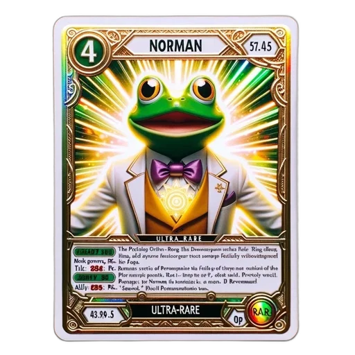 card, displays, green, frog, character, norman, donning, suit transparent PNG cut-out