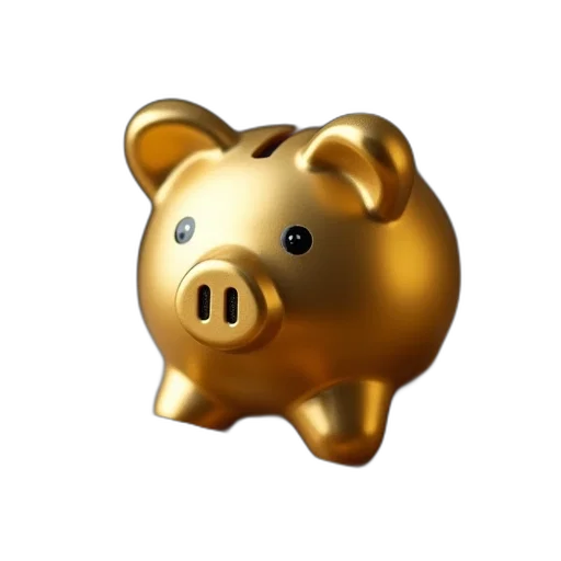 3d render, photorealistic, gold, piggy, bank, hammer, pick transparent PNG cut-out
