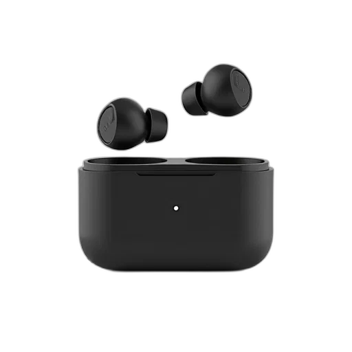 pair, black, wireless, earphones, charging, case, displayed, against transparent PNG cut-out