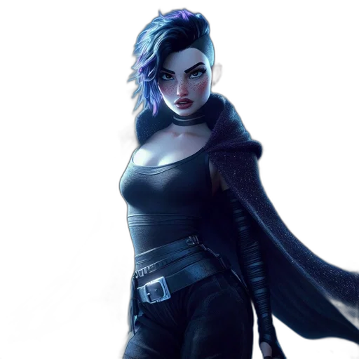 jacket, concept art, comic book art, cyberpunk, fantasy art, dark, blue, female transparent PNG cut-out