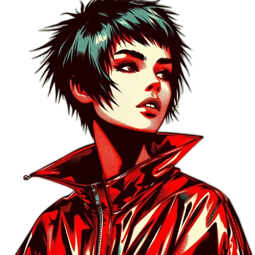 jacket, face, cyberpunk, comic book art, anime, concept art, neon lights, red transparent PNG cut-out