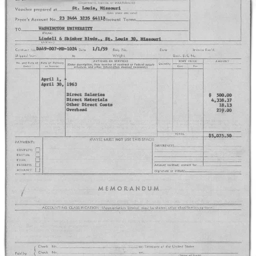 vintage, invoice, washington, university, dated, april, 1963, detailing transparent PNG cut-out