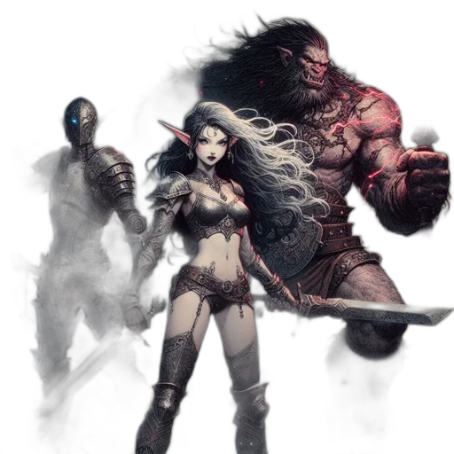 fantasy art, concept art, comic book art, pixel art, dark, three, distinctive, characters transparent PNG cut-out