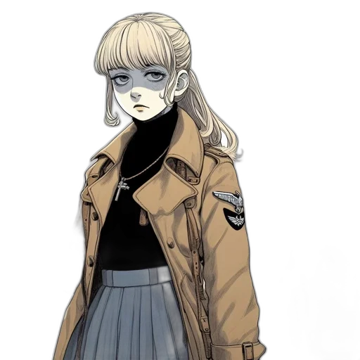 jacket, staff, face, concept art, anime, comic book art, cartoon, monochrome transparent PNG cut-out