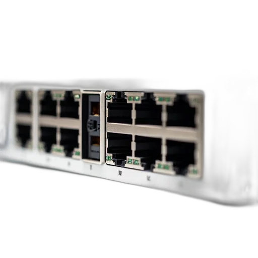 3d render, close-up, image, network, switch, multiple, ports, white transparent PNG cut-out
