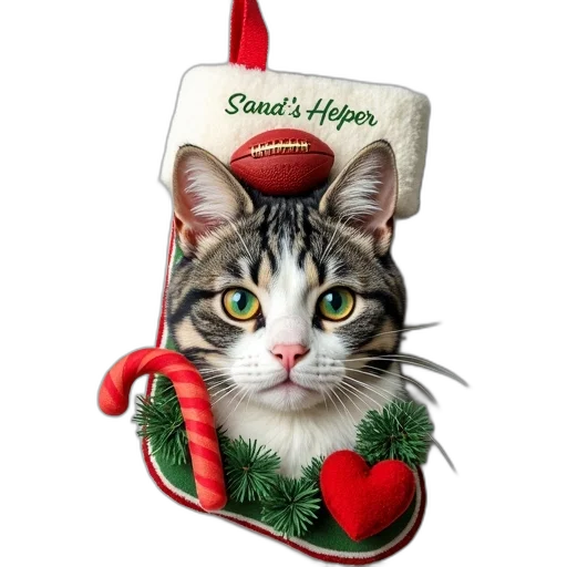 festive, christmas, stocking, gray, white, cat, face, center transparent PNG cut-out