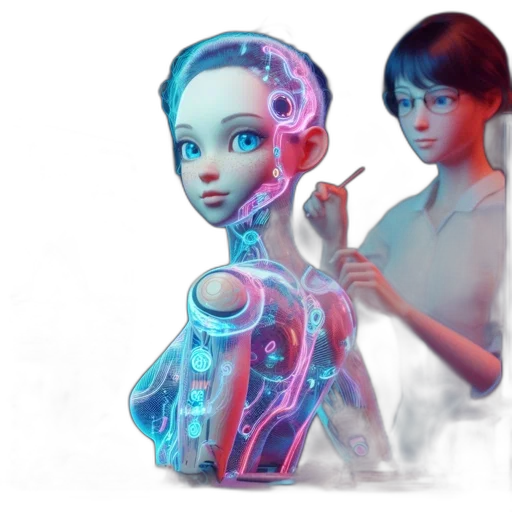 robot, concept art, cyberpunk, 3d render, vaporwave, neon lights, blue, pastel transparent PNG cut-out