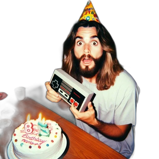 man, beard, long, hair, sits, table, birthday, cake transparent PNG cut-out