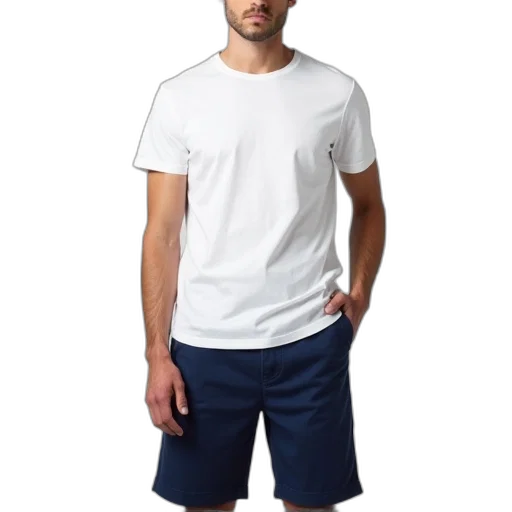 monochrome, person, wearing, white, t-shirt, dark, blue, shorts transparent PNG cut-out