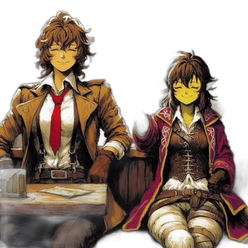 jacket, concept art, comic book art, anime, watercolor, golden, two, characters transparent PNG cut-out