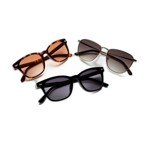 earth tones, monochrome, dark, collection, three, sunglasses, displayed, against transparent PNG cut-out