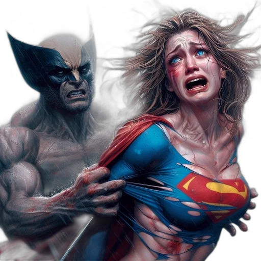 comic book art, concept art, photorealistic, fantasy art, superman-dressed, woman, suffers, distress transparent PNG cut-out