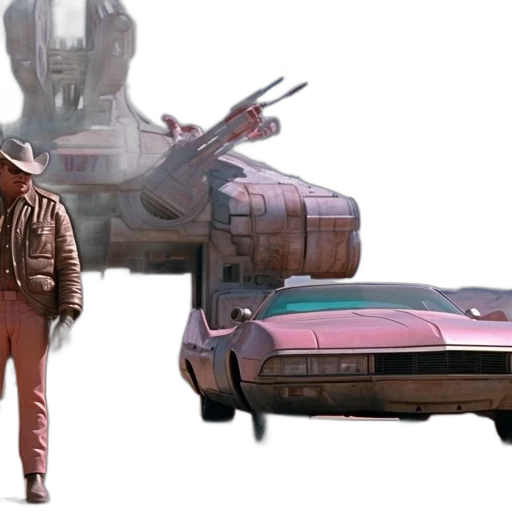 jacket, car, robot, concept art, 3d render, outer space, man, cowboy transparent PNG cut-out